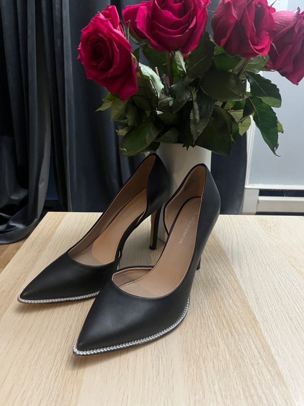 Black Pointed Toe Stiletto Pumps with Rhinestone Trim